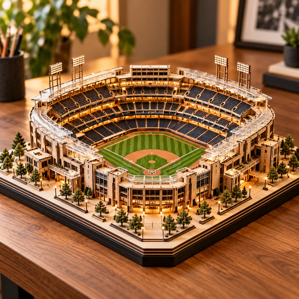 Illustrative layered wooden baseball stadium model with a detailed diamond, seating and warm lights