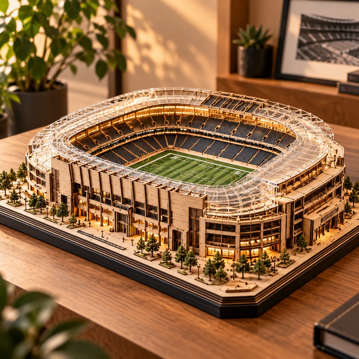 Illustrative layered wood and acrylic football stadium model with field markings and illuminated concourse