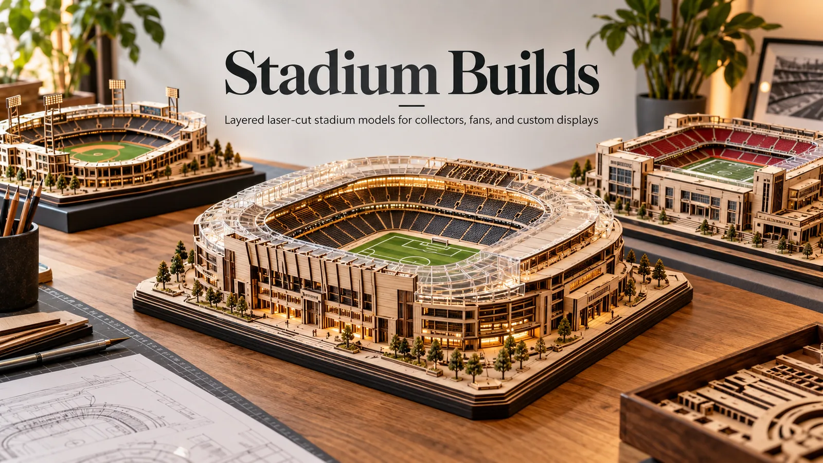 Illustrative laser-cut wood and acrylic baseball and football stadium models displayed together in a workshop