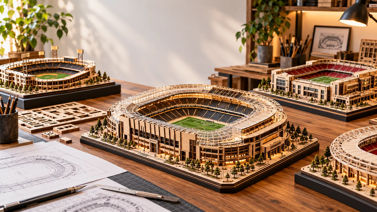Illustrative studio workspace showing layered wooden stadium models, architectural drawings and laser-cut parts